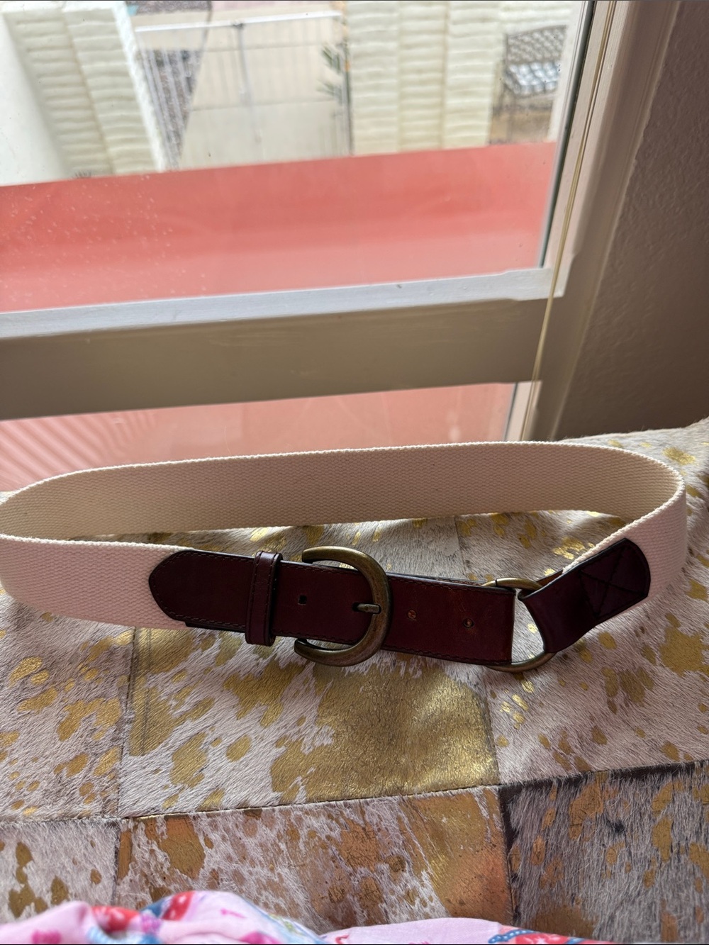 Tibi Cream Elastic Belt with Brown Leather Trim and Brass Buckle